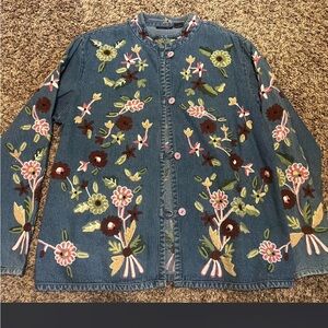 Denim Embroidered Floral Jacket - Blue